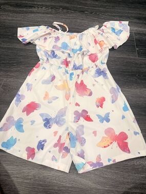 SHEIN White Off-Shoulder Butterfly Print Romper